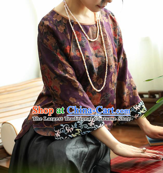 China Purple Gambiered Guangdong Gauze Upper Outer Garment Traditional Women Tang Suit Shirt