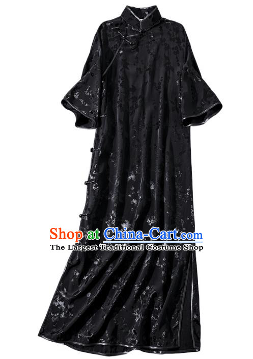 Asian Chinese Classical Black Silk Cheongsam National Shanghai Beauty Clothing Traditional Jacquard Qipao Dress