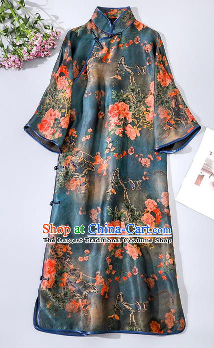 Asian Chinese Classical Silk Cheongsam National Woman Clothing Traditional Printing Blue Qipao Dress