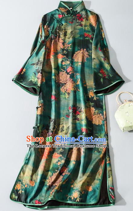 Asian Chinese Classical Green Silk Cheongsam Traditional Printing Qipao Dress National Shanghai Beauty Clothing