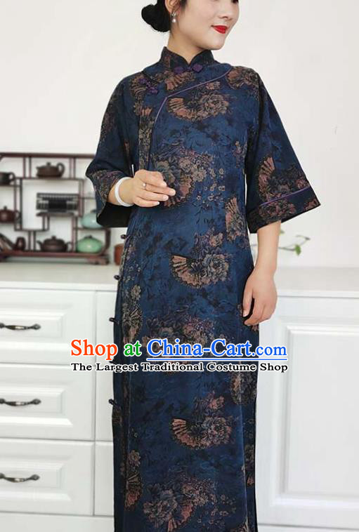 Asian Chinese Classical Shanghai Beauty Costume Traditional Tang Suit Navy Blue Silk Qipao Dress