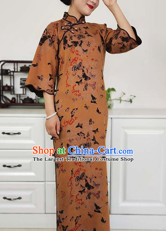 Asian Chinese Traditional Ginger Silk Qipao Dress Classical Butterfly Pattern Cheongsam Costume