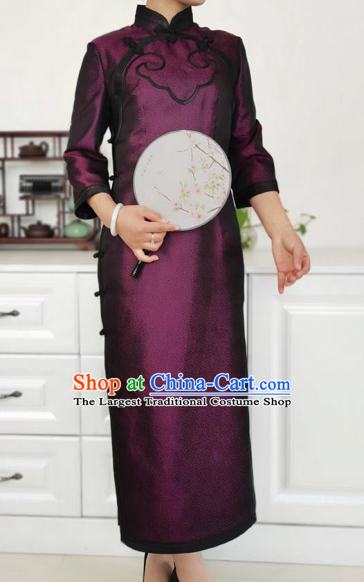 Asian Chinese Classical Elderly Woman Cheongsam Costume Traditional Mother Purple Silk Qipao Dress