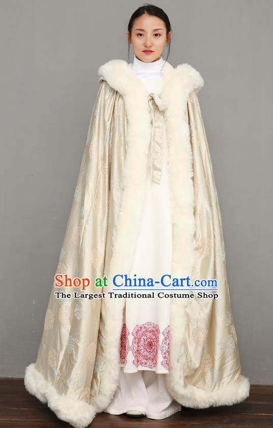 Chinese Traditional Winter Costume National Women Light Golden Silk Cape Ancient Princess Cotton Wadded Cloak