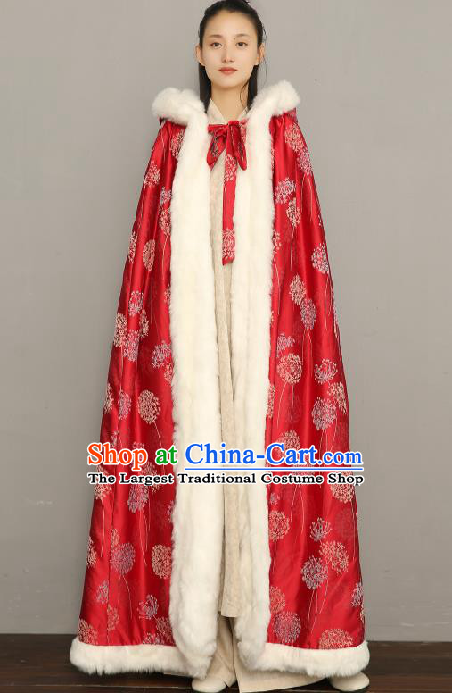 Chinese Ancient Princess Cotton Wadded Cloak Traditional Winter Costume National Women Red Silk Cape