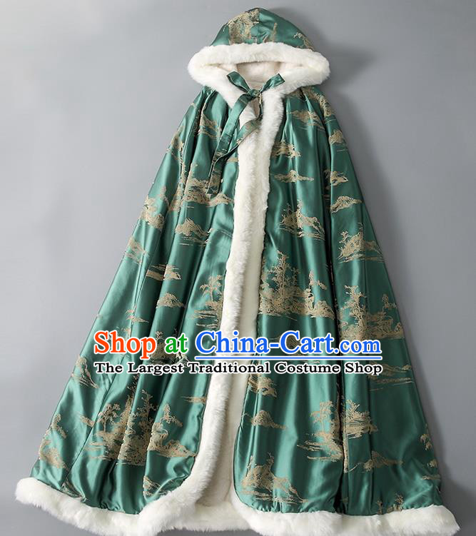 Chinese Women Green Silk Long Cape Tang Suit Cotton Wadded Cloak Traditional National Costume