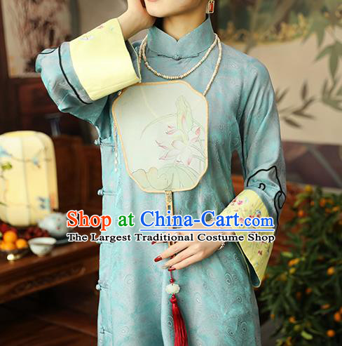 Asian Chinese Traditional Embroidered Silk Qipao Dress Classical Light Blue Song Brocade Cheongsam Clothing