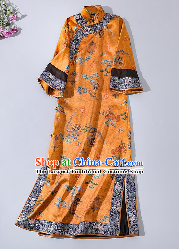 Asian Chinese Classical Printing Brocade Cheongsam Clothing Traditional Qing Dynasty Empress Golden Silk Qipao Dress