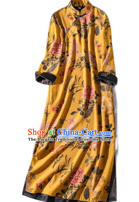 Asian Chinese Classical Cheongsam Clothing Traditional Printing Yellow Silk Qipao Dress