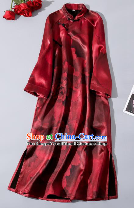 Asian Chinese Classical Peony Pattern Silk Cheongsam Traditional Wine Red Qipao Dress Clothing