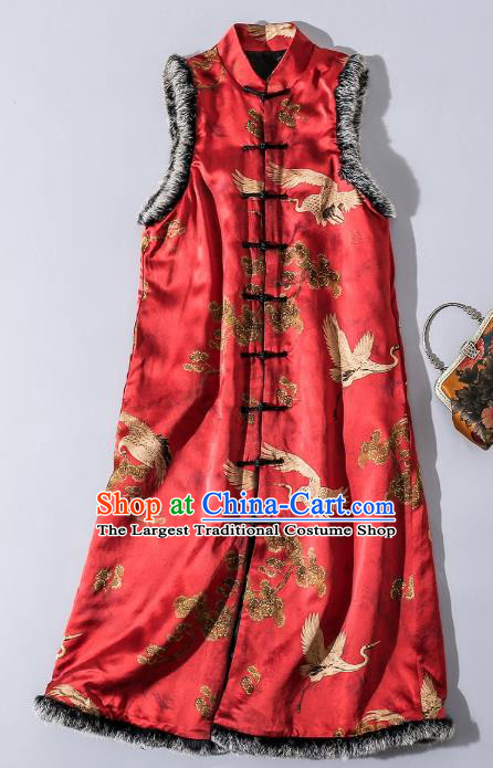 Chinese Traditional Red Silk Long Vest National Woman Gambiered Guangdong Gauze Cotton Wadded Waistcoat