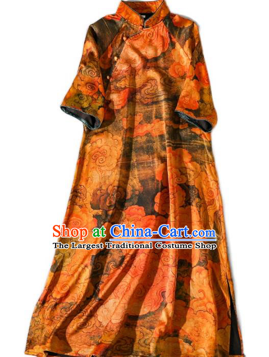 Asian Chinese Traditional Orange Silk Long Qipao Dress Woman Clothing Classical Clouds Pattern Cheongsam