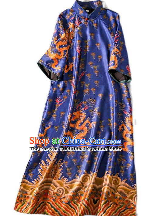 Asian Chinese Traditional Woman Royalblue Silk Long Qipao Dress Classical Dragons Pattern Brocade Cheongsam Clothing