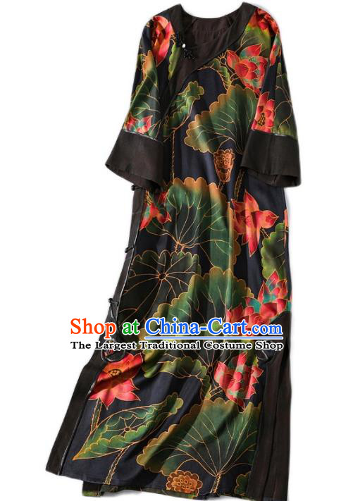 Asian Chinese Traditional Woman Black Silk Qipao Dress Classical Lotus Pattern Cheongsam Clothing