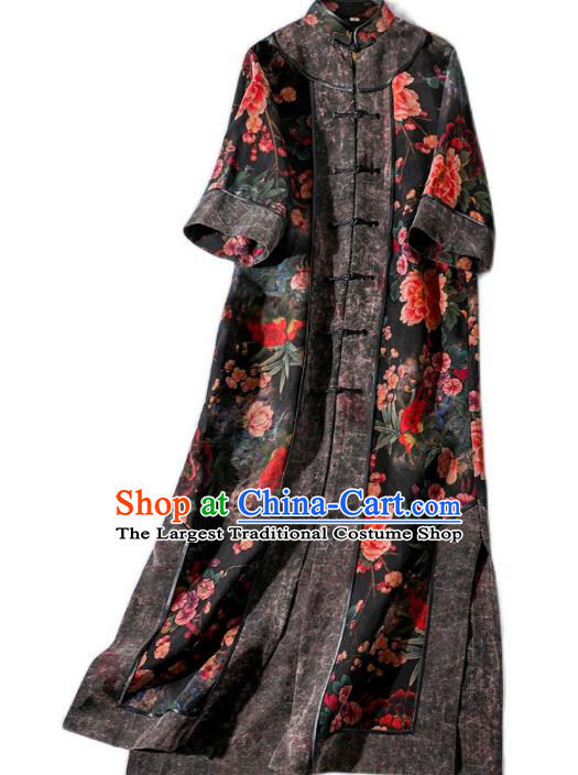 China Traditional Tang Suit Black Silk Long Dust Coat Classical Printing Peony Outer Garment Costume