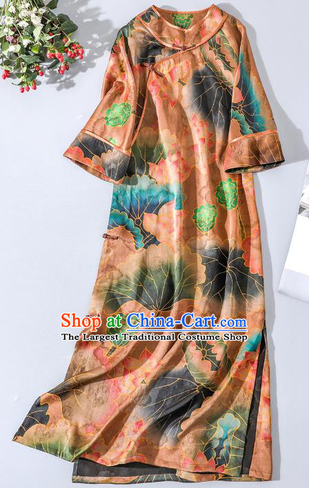 Asian Chinese Classical Orange Silk Cheongsam National Clothing Traditional Lotus Pattern Qipao Dress