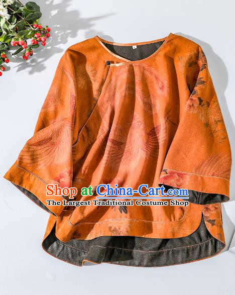 China Classical Phoenix Pattern Tang Suit Upper Outer Garment Traditional Cheongsam Orange Silk Shirt