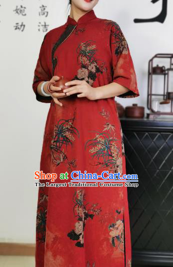 Asian Chinese Classical Stand Collar Cheongsam Costume Traditional Printing Orchids Red Silk Qipao Dress