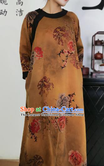 Asian Chinese Traditional Ginger Silk Qipao Dress Classical Peony Pattern Cheongsam Costume