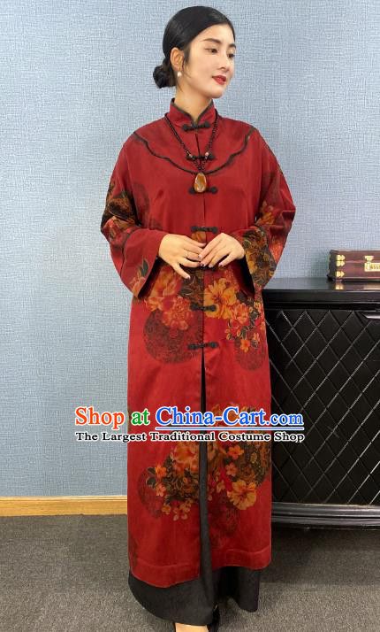 China Traditional Tang Suit Outer Garment National Woman Printing Red Silk Dust Coat