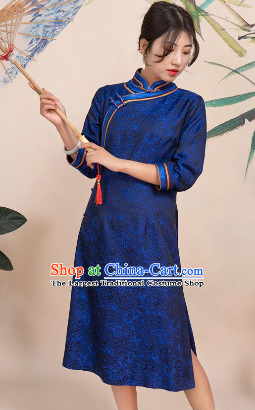 Asian Chinese Traditional Young Lady Brocade Qipao Dress Classical Navy Silk Short Cheongsam Costume