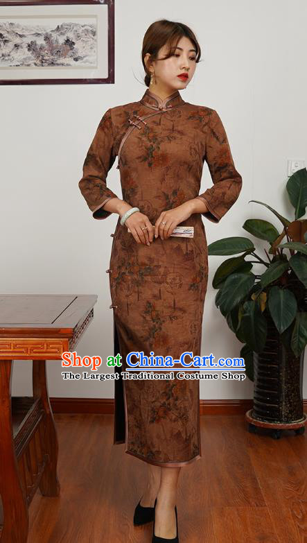 Asian Chinese Young Beauty Classical Brown Silk Cheongsam Costume Traditional Shanghai Woman Qipao Dress