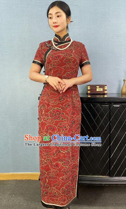 Asian Chinese Classical Cloud Pattern Red Cheongsam Costume Traditional Shanghai Young Lady Silk Qipao Dress