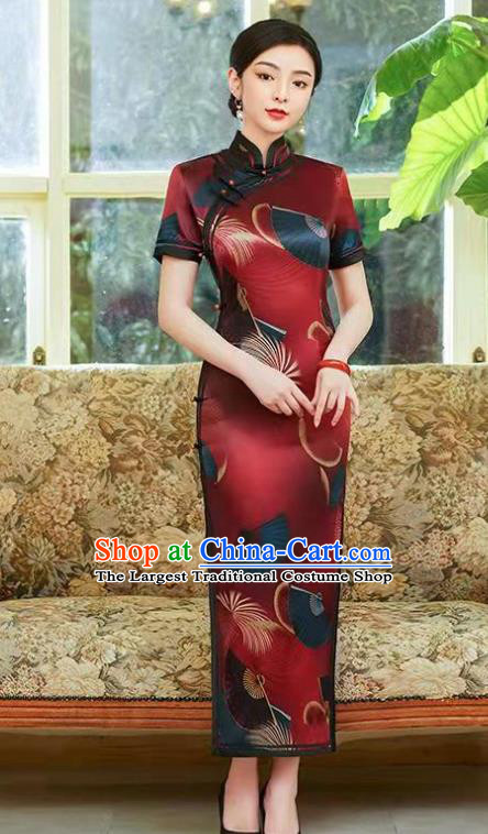 Chinese Stage Performance Cheongsam Costume Modern Printing Red Qipao Dress