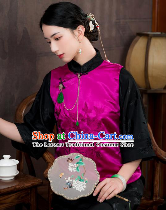 Chinese Traditional Embroidered Rosy Silk Vest Costume National Women Tang Suit Waistcoat