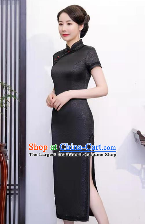 Chinese Party Compere Clothing Stage Show Black Silk Qipao Dress National Young Woman Cheongsam