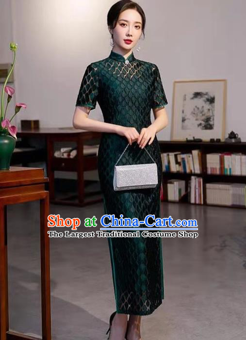 Chinese Traditional Compere Qipao Dress Clothing Modern Deep Green Cheongsam