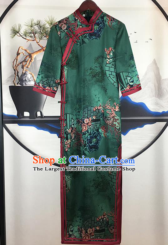 China National Green Satin Qipao Dress Classical Dance Clothing Traditional Stage Performance Cheongsam