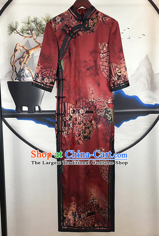 China Classical Dance Clothing Traditional Stage Performance Cheongsam National Dark Red Satin Qipao Dress