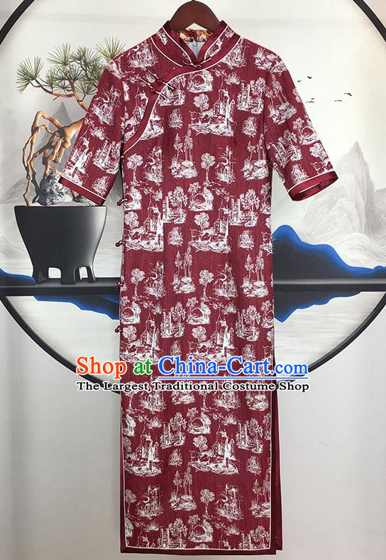 China Stage Show Clothing National Qipao Dress Traditional Dark Red Short Cheongsam