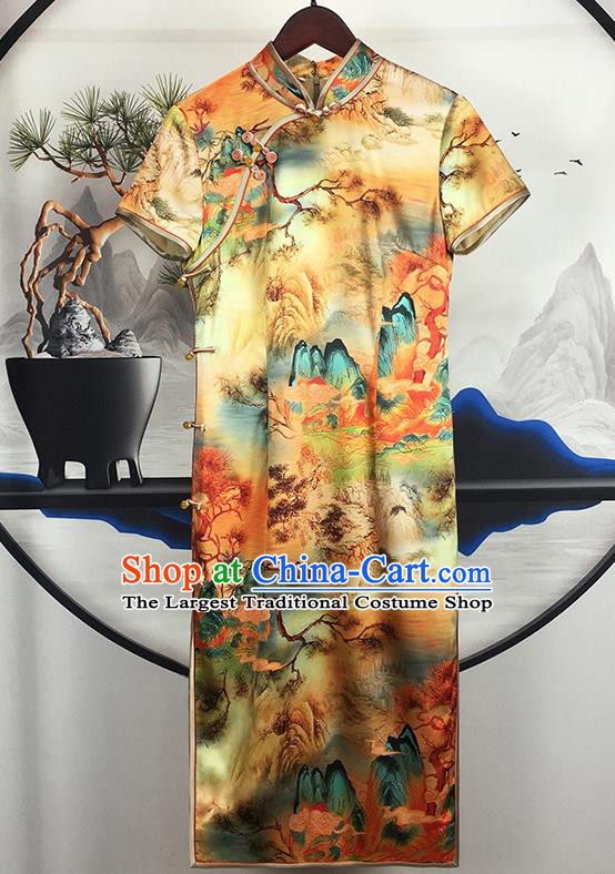 China Traditional Landscape Painting Yellow Silk Cheongsam National Qipao Dress Classical Dance Clothing