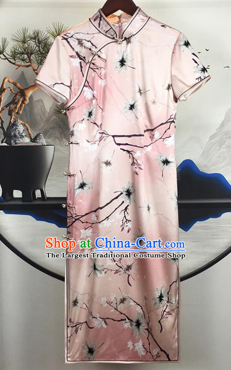 China National Pink Silk Qipao Dress Classical Dance Clothing Traditional Printing Short Cheongsam