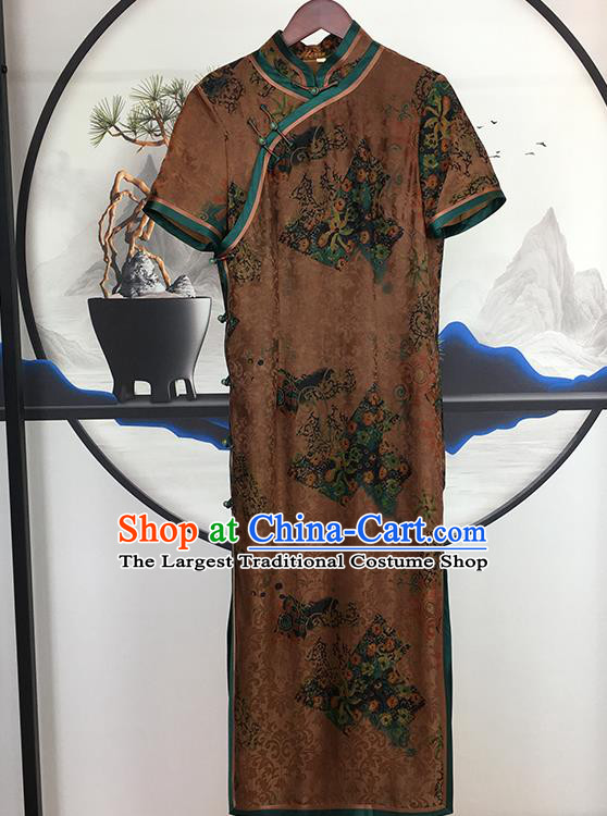 China National Printing Brown Silk Qipao Dress Clothing Traditional Slant Opening Cheongsam