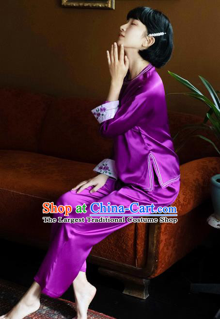 Chinese Traditional National Pajamas Costume Embroidered Purple Silk Blouse and Pants Outfits