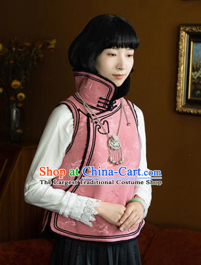 Chinese Traditional Pink Silk Vest Costume National Stand Collar Waistcoat