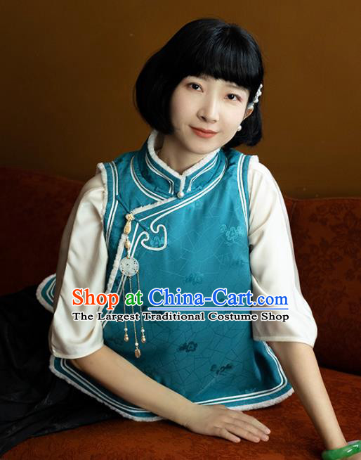 Chinese Traditional Blue Silk Vest Costume National Stand Collar Lambswool Waistcoat