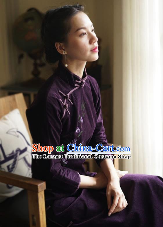 China National Hand Painting Purple Corduroy Qipao Dress Clothing Traditional Mother Cheongsam