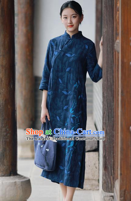 China National Hand Painting Navy Flax Qipao Dress Clothing Traditional Young Lady Cheongsam