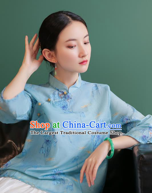 China Tang Suit Light Blue Shirt Traditional Printing Costume National Woman Slant Opening Blouse