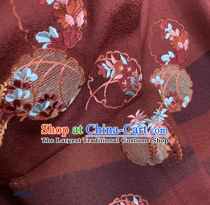 Asian Japan Traditional Silk Fabric Japanese Kimono Tapestry Drapery Embroidered Dark Red Brocade