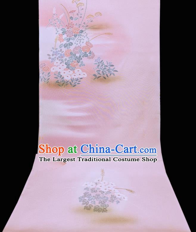 Asian Traditional Drapery Japan Kimono Printing Chrysanthemum Pink Brocade Japanese Silk Fabric