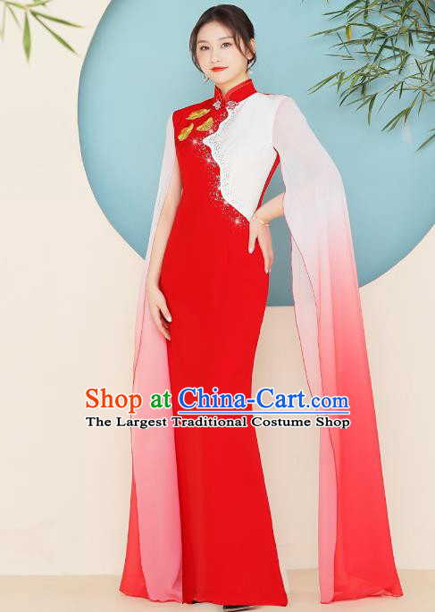 China Zither Stage Show Green Ao Dai Cheongsam Compere Clothing Modern Red Qipao Dress