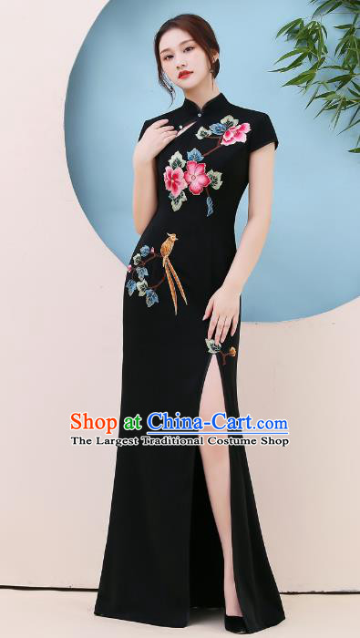 China Modern Dance Qipao Dress Stage Show Embroidery Black Cheongsam Party Compere Clothing