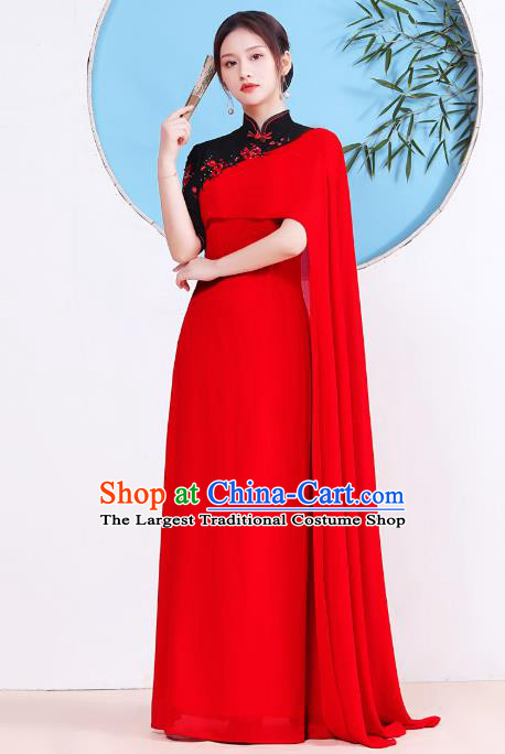 China Catwalks Velvet Qipao Dress Compere Slim Clothing Stage Show Red Shawl Cheongsam