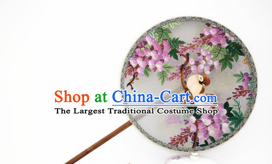 China Classical Dance Silk Circular Fan Traditional Hanfu Palace Fan Suzhou Embroidered Wisteria Bird Fan