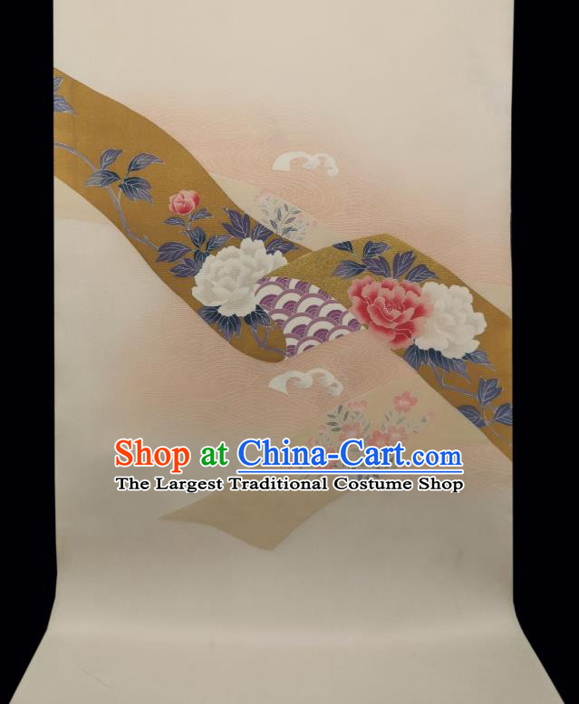 Asian Japan Classical Peony Pattern Beige Brocade Traditional Silk Fabric Japanese Kimono Cloth Drapery